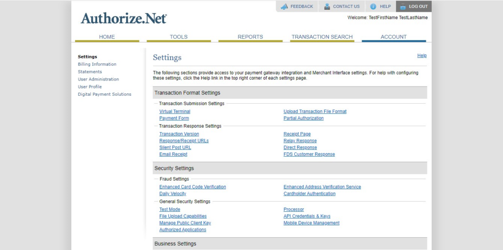 AuthorizeNet account settings page