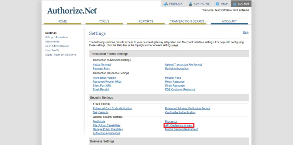 Authorize.Net Navigation of API ID and Transactional key in account Tab