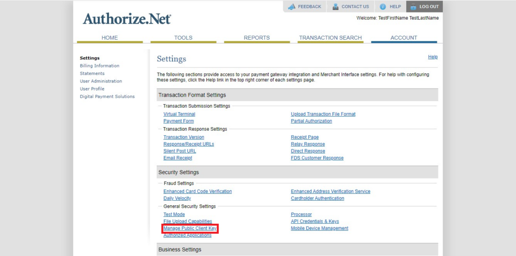 Authorize.Net Navigation of public client key from account tab