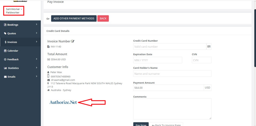 An example of what will happen when the admin set up Authorize.Net as a payment softwear from the fieldworker portal