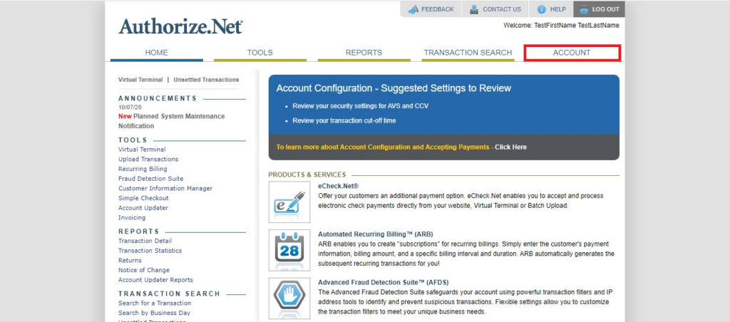 Authorize.Net Navigation of Account Tab (Highlighted) from home page