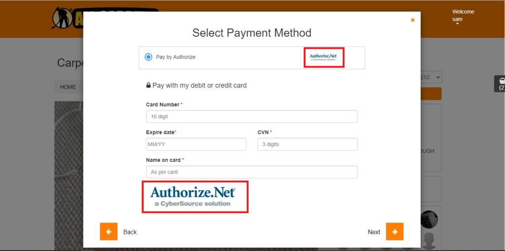 n example of what will happen when the admin set up Authorize.Net as a payment softwear from the customer portal