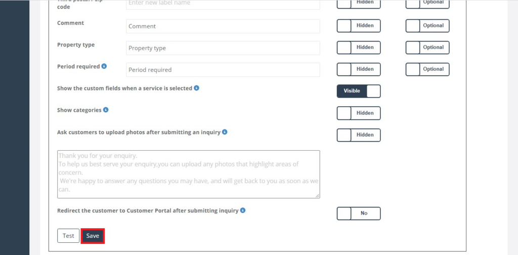 Inquiry Form Inquiry widget save button location