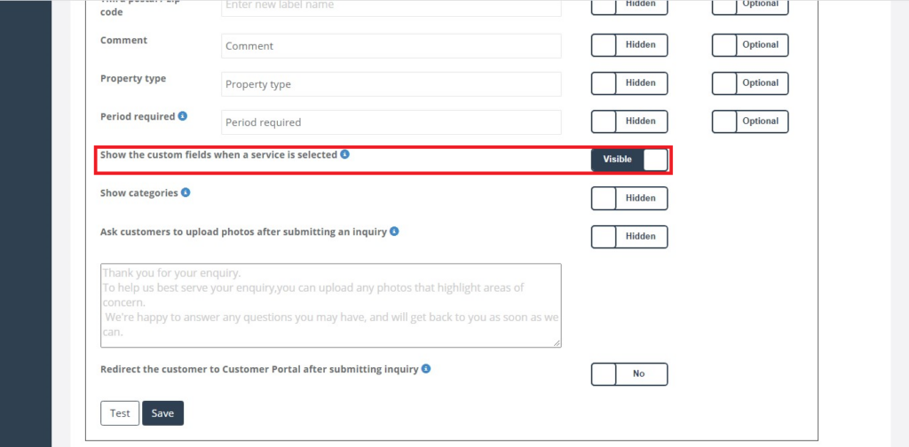 Inquiry Form Inquiry widget show service custom field when the service is selected in the inquiry form