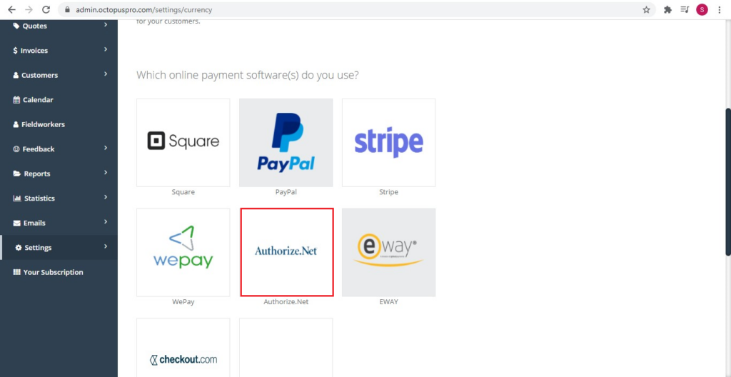 Authorize.Net logo (highlighted) in financial settings, API integration page