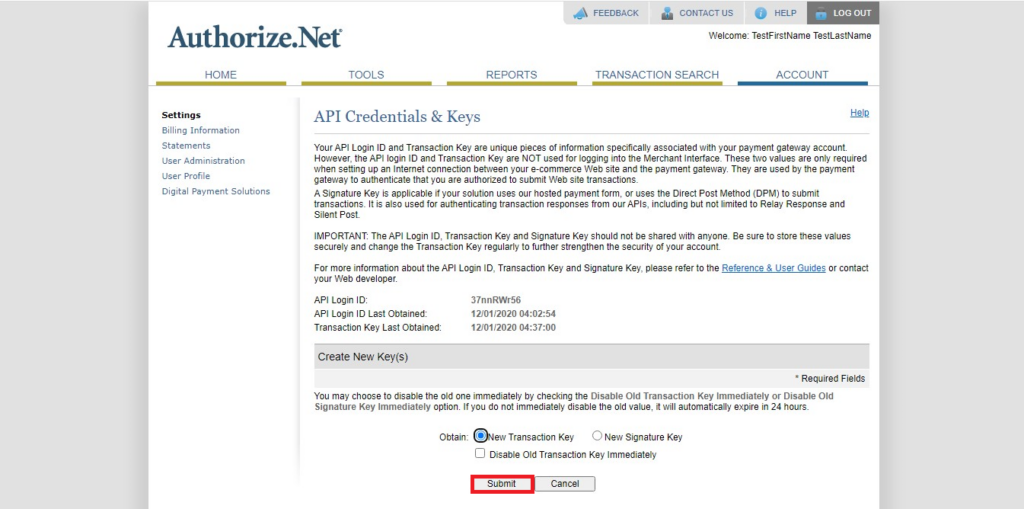 Authorize.Net Navigation of transaction Key submit button (highlighted)