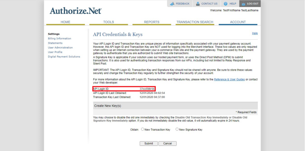 Authorize.Net Navigation of API Login ID in API Credential & Keys in API credentials and keys