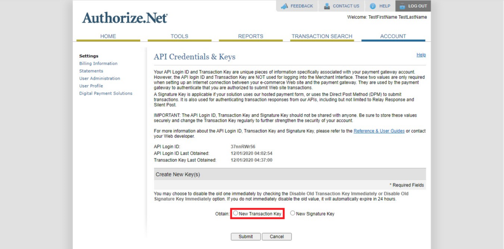 Authorize.Net Navigation of transaction Key in API Credential & Keys in API credentials and keys