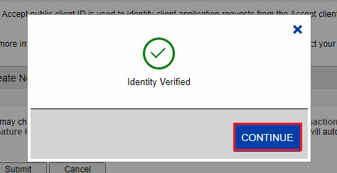 Authorize.Net Identity Verified confirmed for asking keys (continue button highlighted)