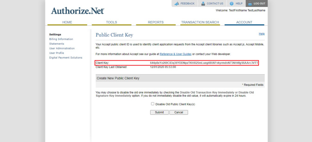 Authorize.Net Public client key (Highlighted)