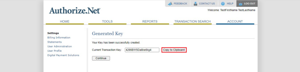 Authorize.Net Navigation of transaction Key after generating the key (copy the key to clipboard)