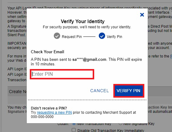 Authorize.Net Identity Verified pop-up (Highlighted) and (Verify PIN highlighted)