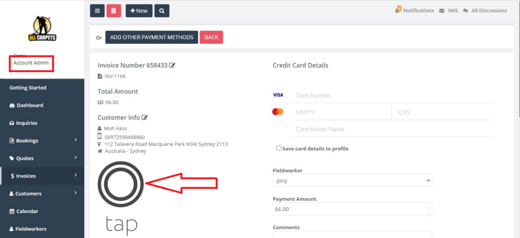 Tap payment software icon shown in add a new payment to an invoice