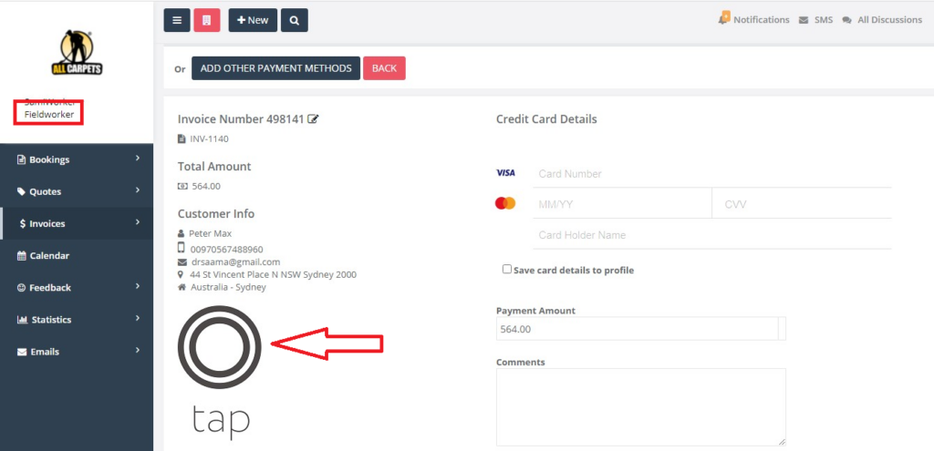 Tap payment software icon shown in add a new payment to an invoice as a fieldworker user