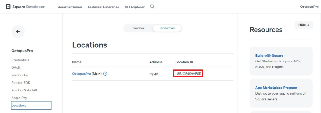 Square location ID in locations page in the production tab