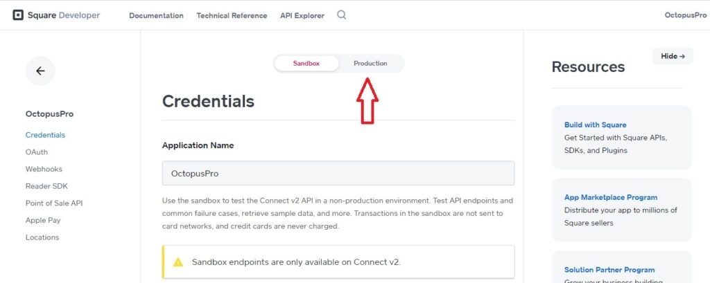 The location of the production tab in square development account