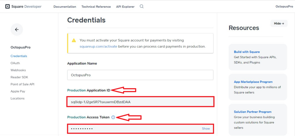 Square application ID and access token