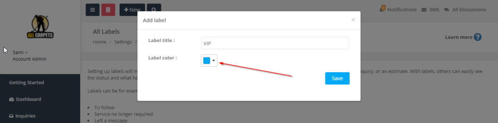 Location of the label color button in the add label popup located in the label settings