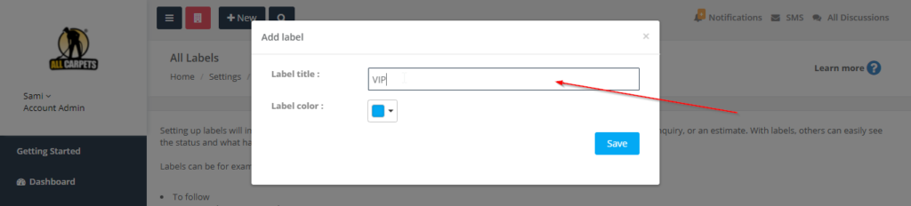 add new label name in add label popup located in label settings page