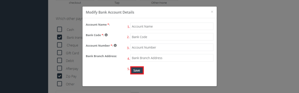 Add your bank information popup in the payment integration setting page