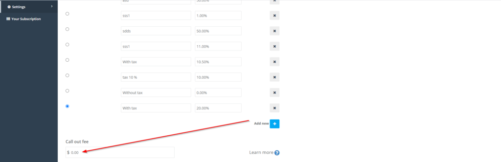 Call out fees input field