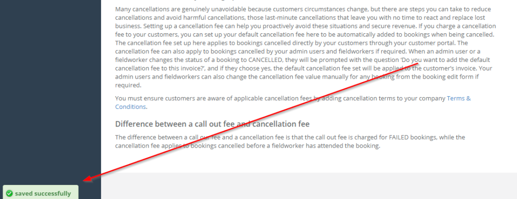 save successfully message that appears after setting your cancellation fees in the setting page