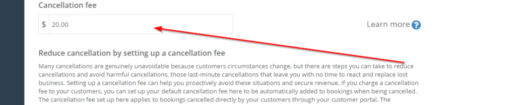 set the cancellation fee in the relevant field