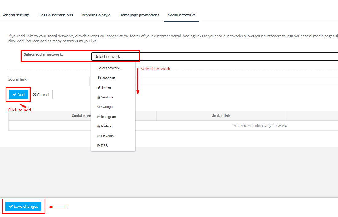 Customer portal social networks settings