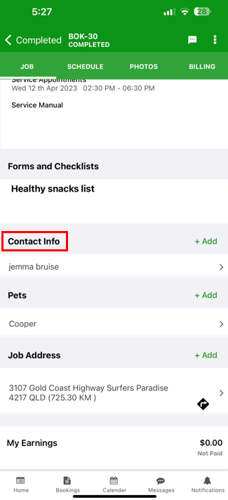 Fieldworker app booking screen showing Contact Info section