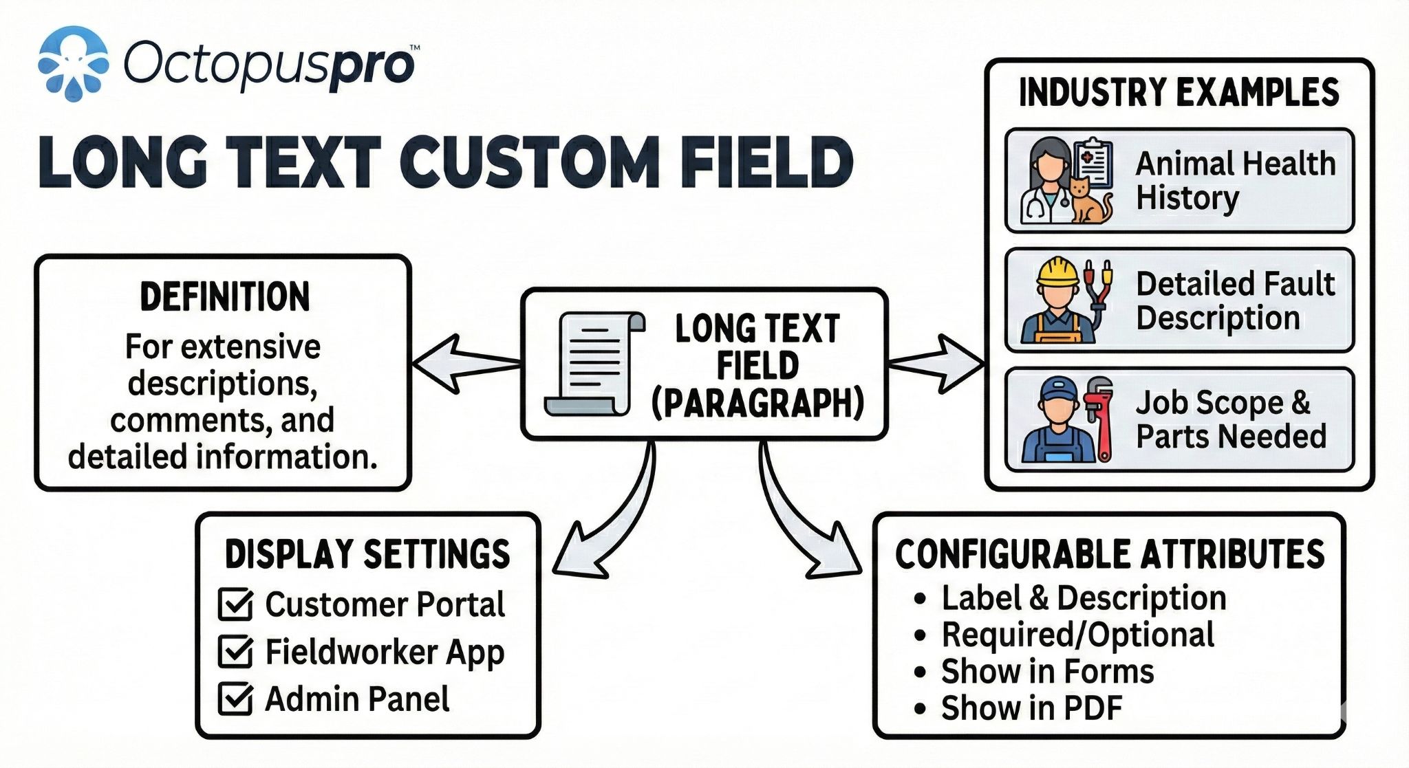 Long Text (Paragraph) Custom Field overview: definition, display settings, configurable attributes, and industry examples