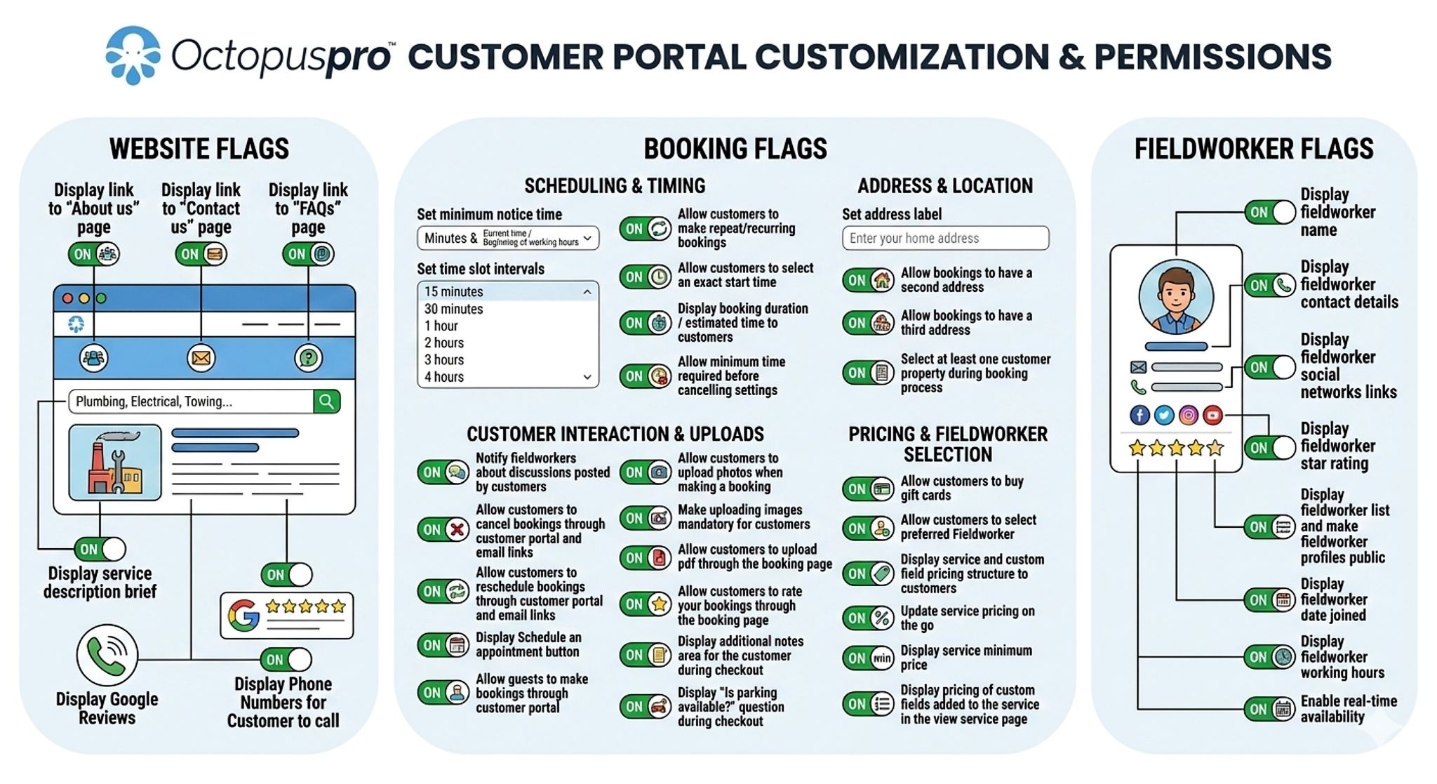 Customer Portal flags and permissions overview showing website, booking, and fieldworker controls