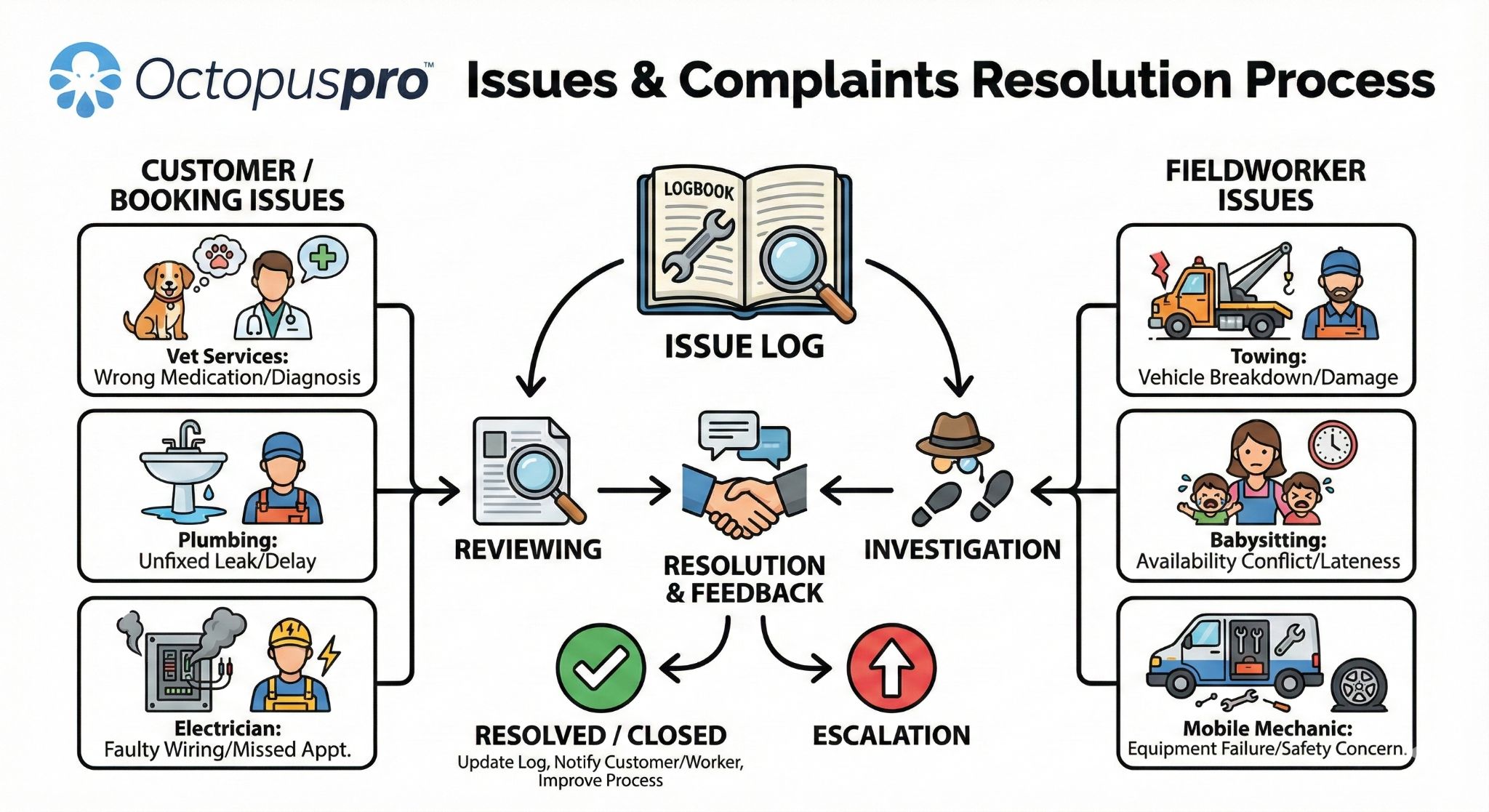 Issues & Complaints Resolution Process diagram (log, review, investigate, resolve/close, escalate)