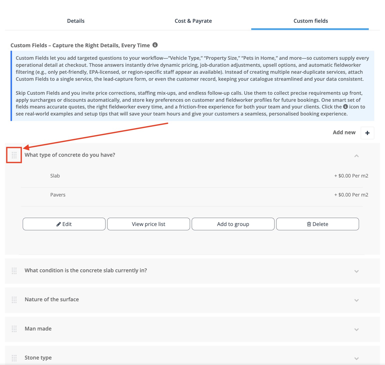 Drag and drop custom field order inside service