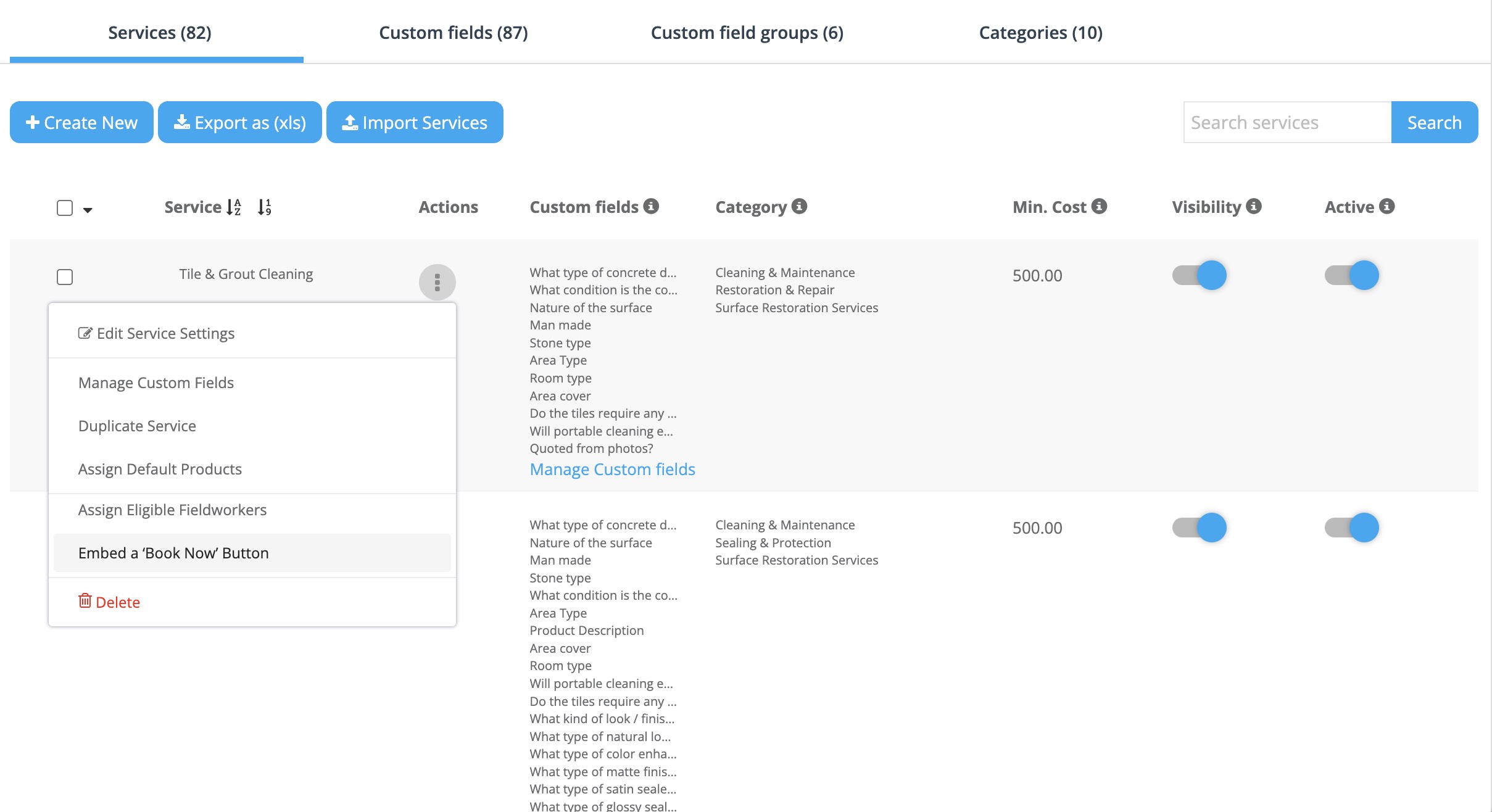 Services list actions menu showing Embed a Book Now Button option