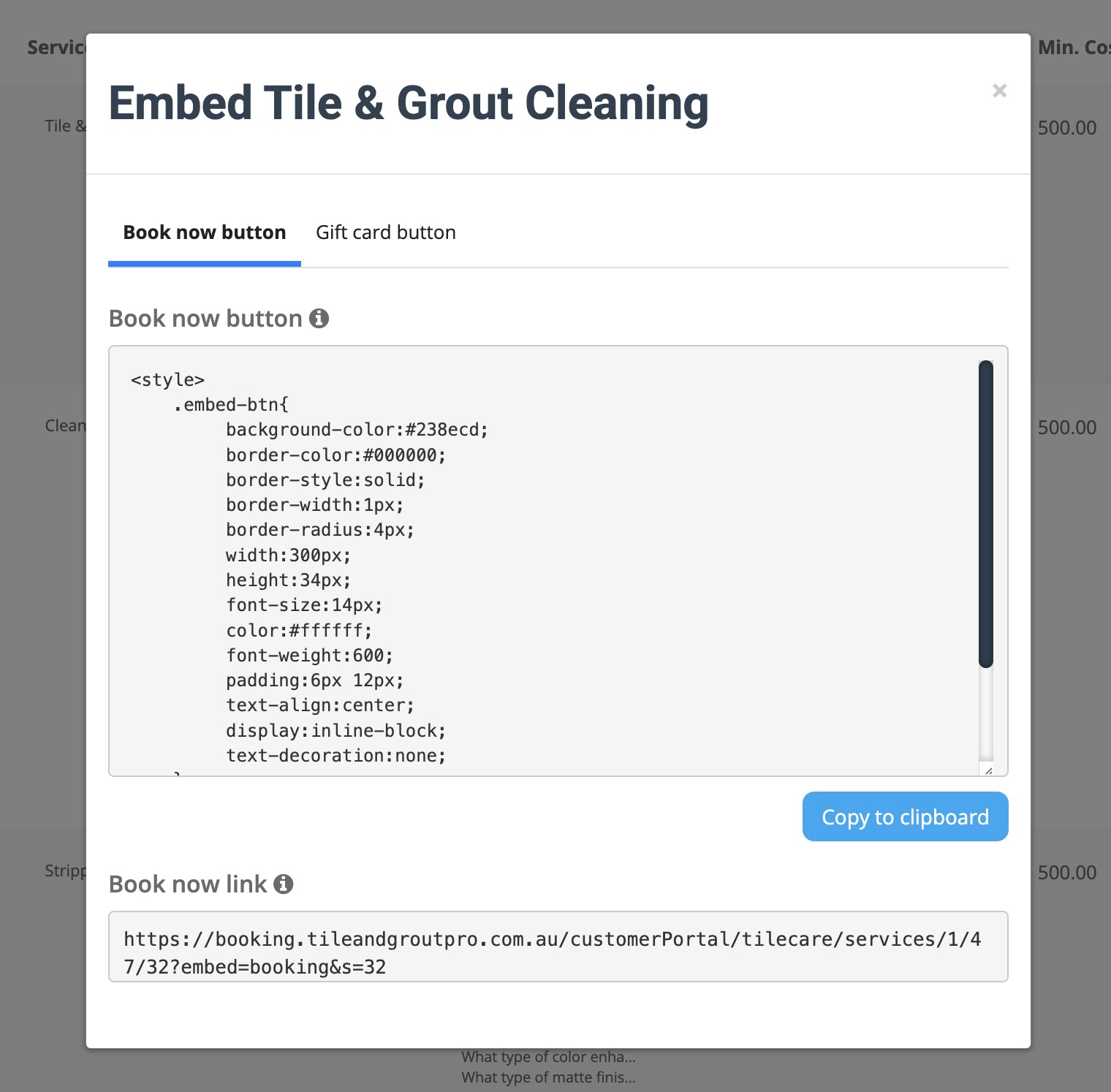 Embed pop-up showing Book now button tab, Copy to clipboard, and Book now link