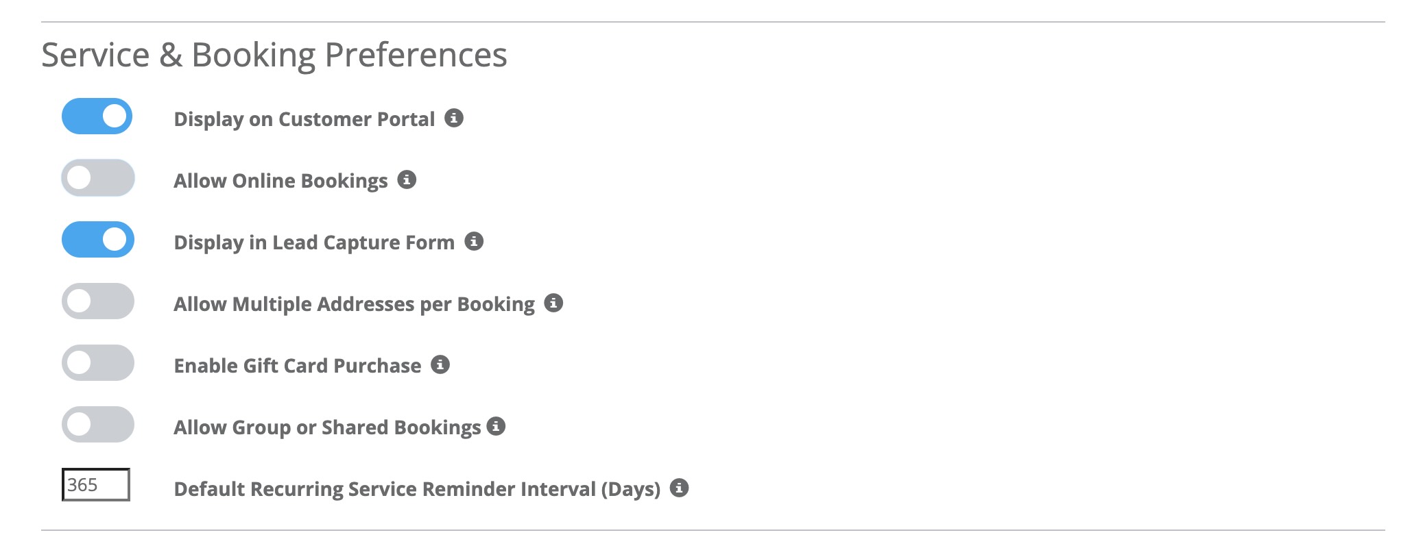 Service settings showing Allow Online Bookings disabled (embed option may be hidden)
