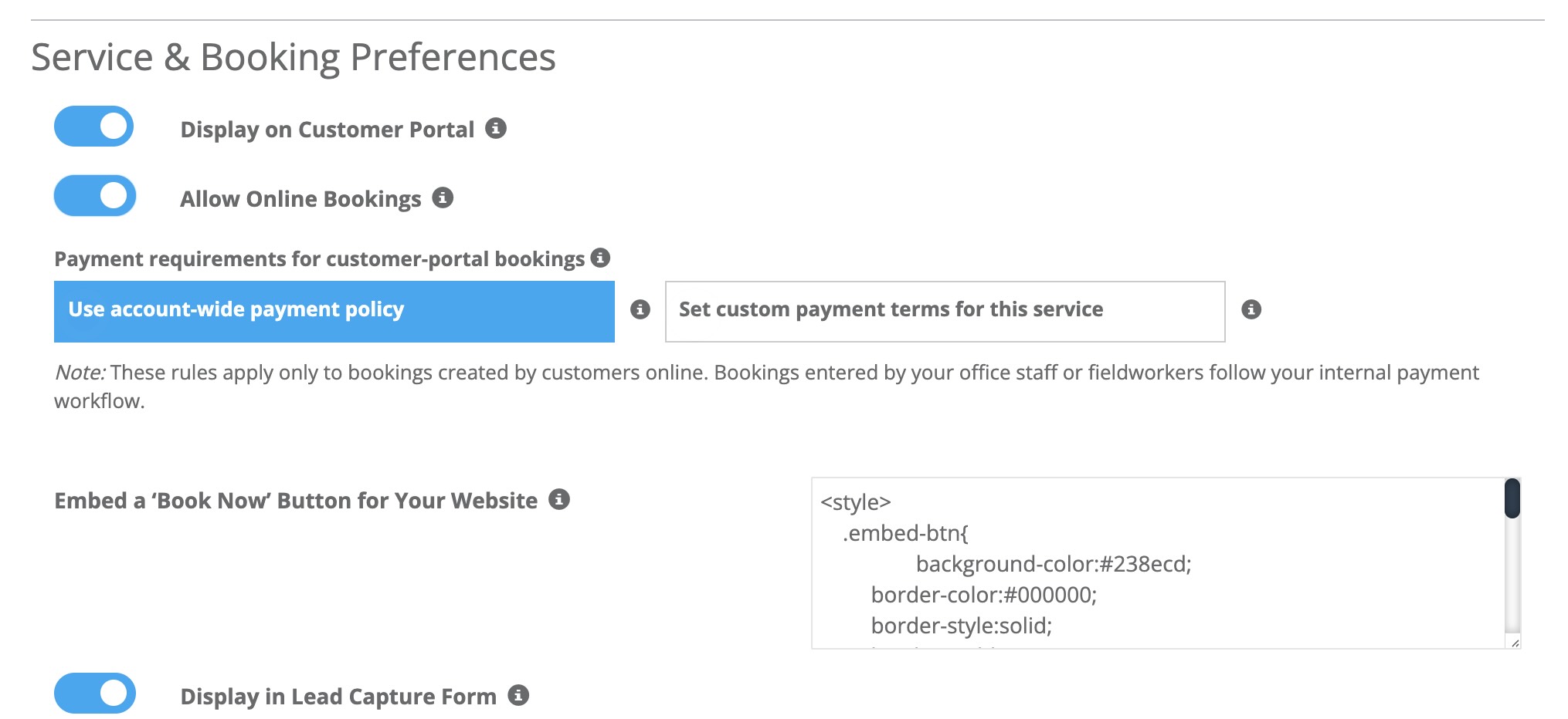 Service settings showing Allow Online Bookings enabled and embed option available