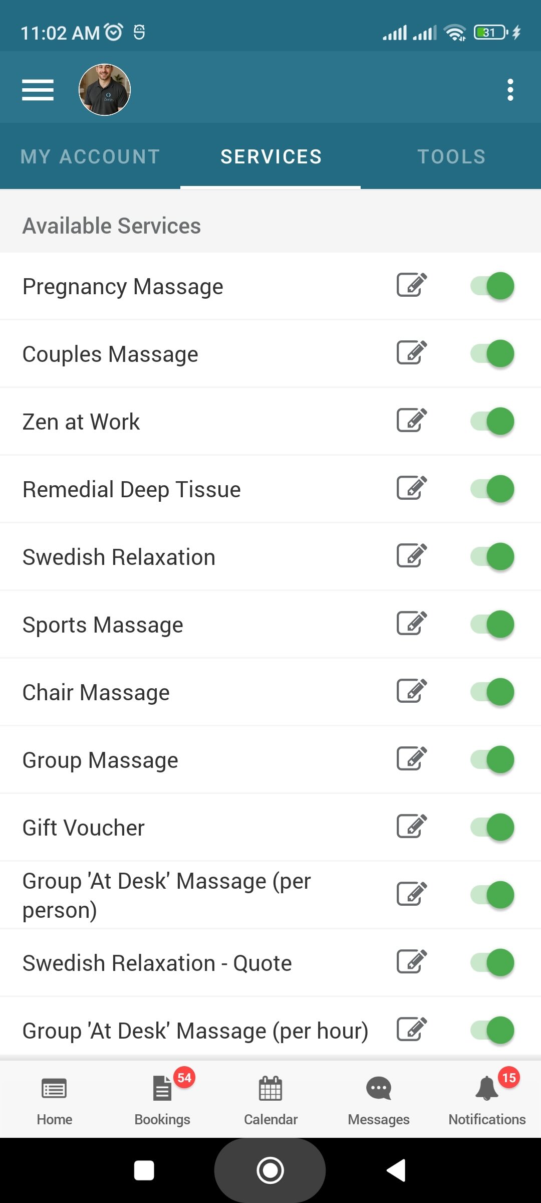 Fieldworker app screen showing service option selection and availability