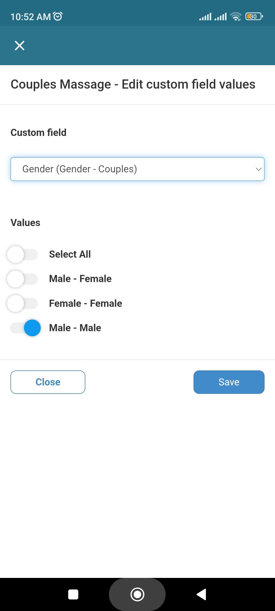 Fieldworker app view demonstrating controlled service option values
